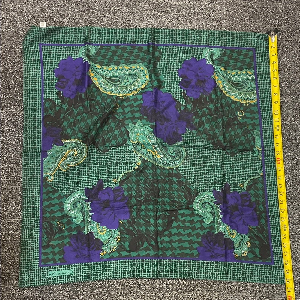 Christian Dior 100% Silk Scarf Green Purple Paisley Floral Square Vintage